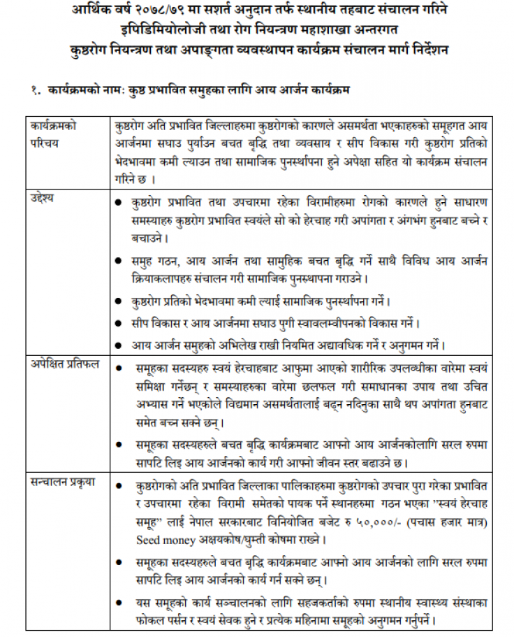 आर्थिक बर्ष  २०७८/७९ मा सशर्त अनुदान सम्वन्धि प्रदेशबाट संचालित संचालित कुष्ठरोग नियन्त्रण तथा अपाङ्गता व्यवस्थापन कार्यक्रम संचालन मार्गदर्शन ।